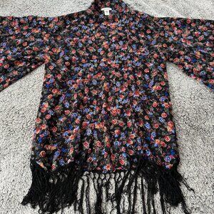 Black Floral Fringe Kimono